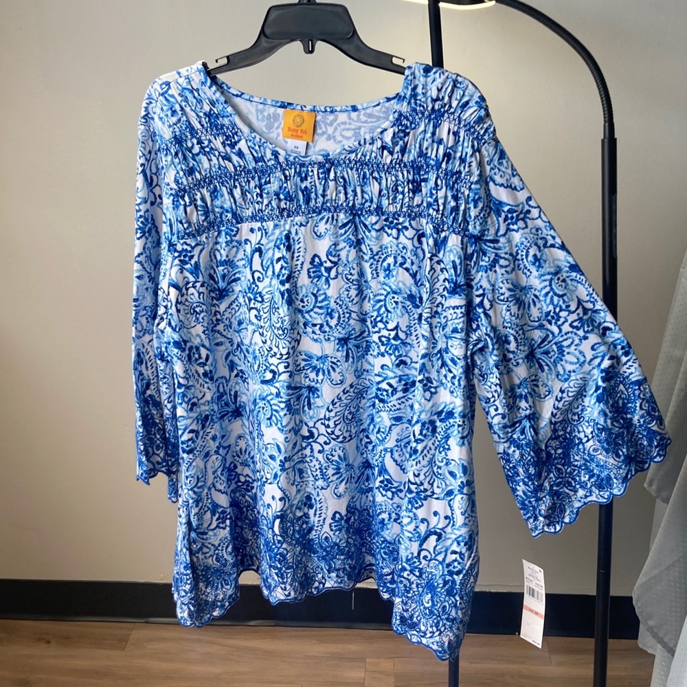 3/$45 Ruby Rd. Floral print scallop embroidered embellishment boho top blouse 2X